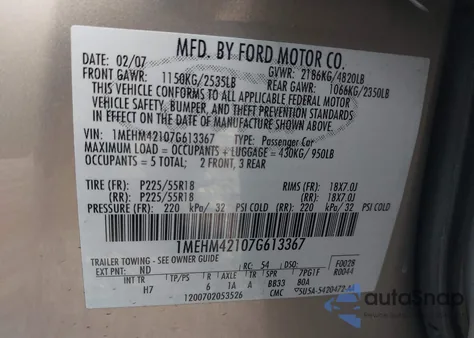 2007 Mercury Montego Premier from USA, damaged, VIN 1MEHM42107G613367